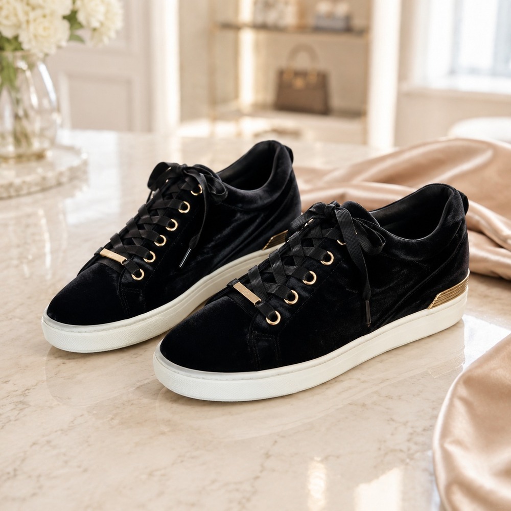 Michael Kors Velvet Sneakers Women's 7.5M Black Gold Lace-Up Low Top Shoes